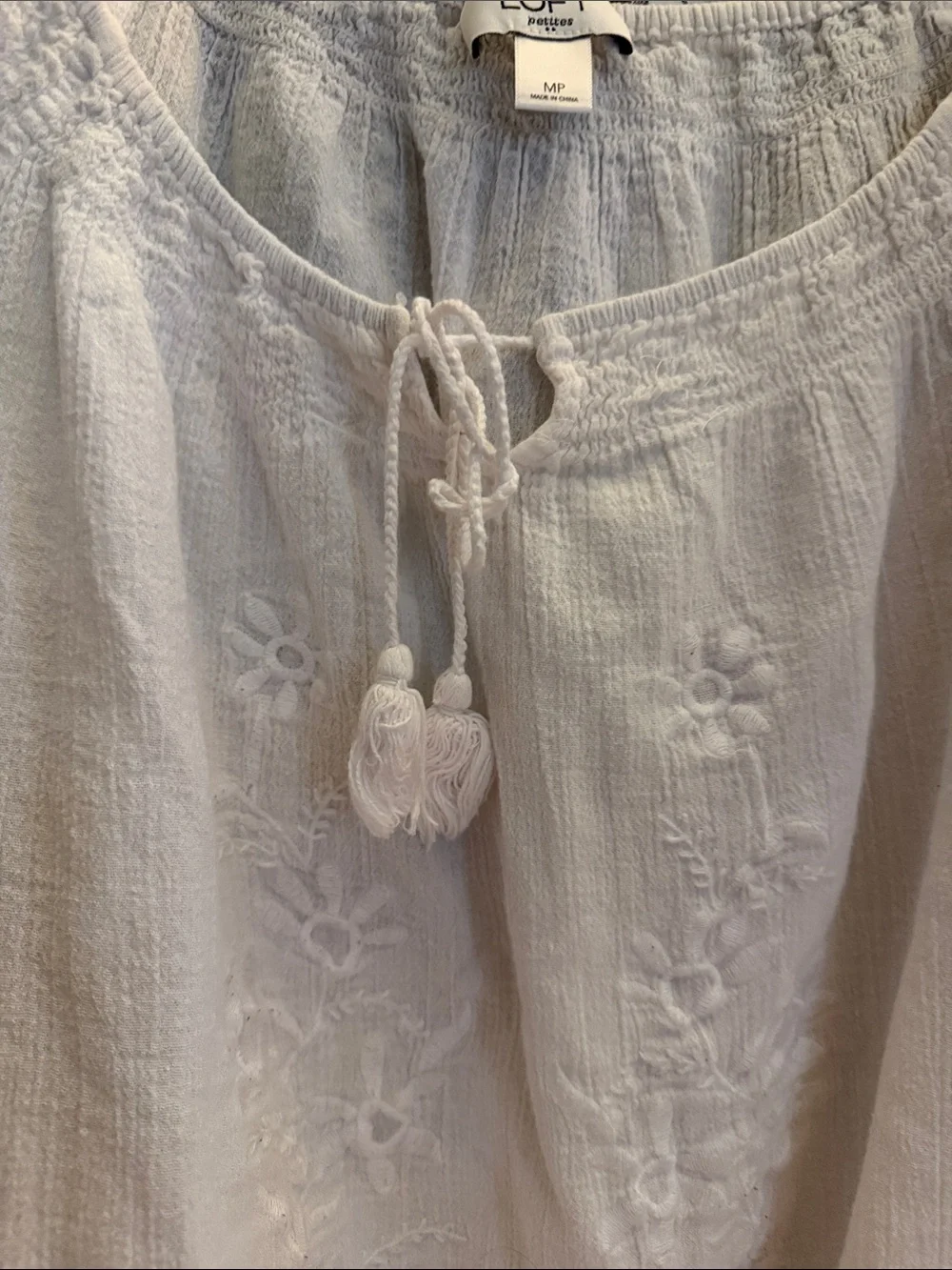 LOFT White Embroidered Peasant Top with Tassel Tie